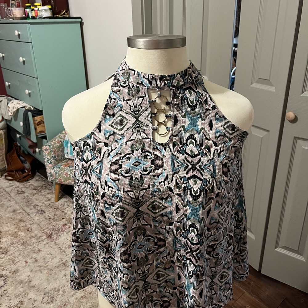 Misia Geometric Halter Neck Blouse - Black, Blue, White